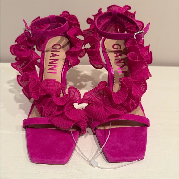 Gianni Bini Women's Franz Suede Chiffon Pink Ruffle Heel Sandals - Picture 6 of 8